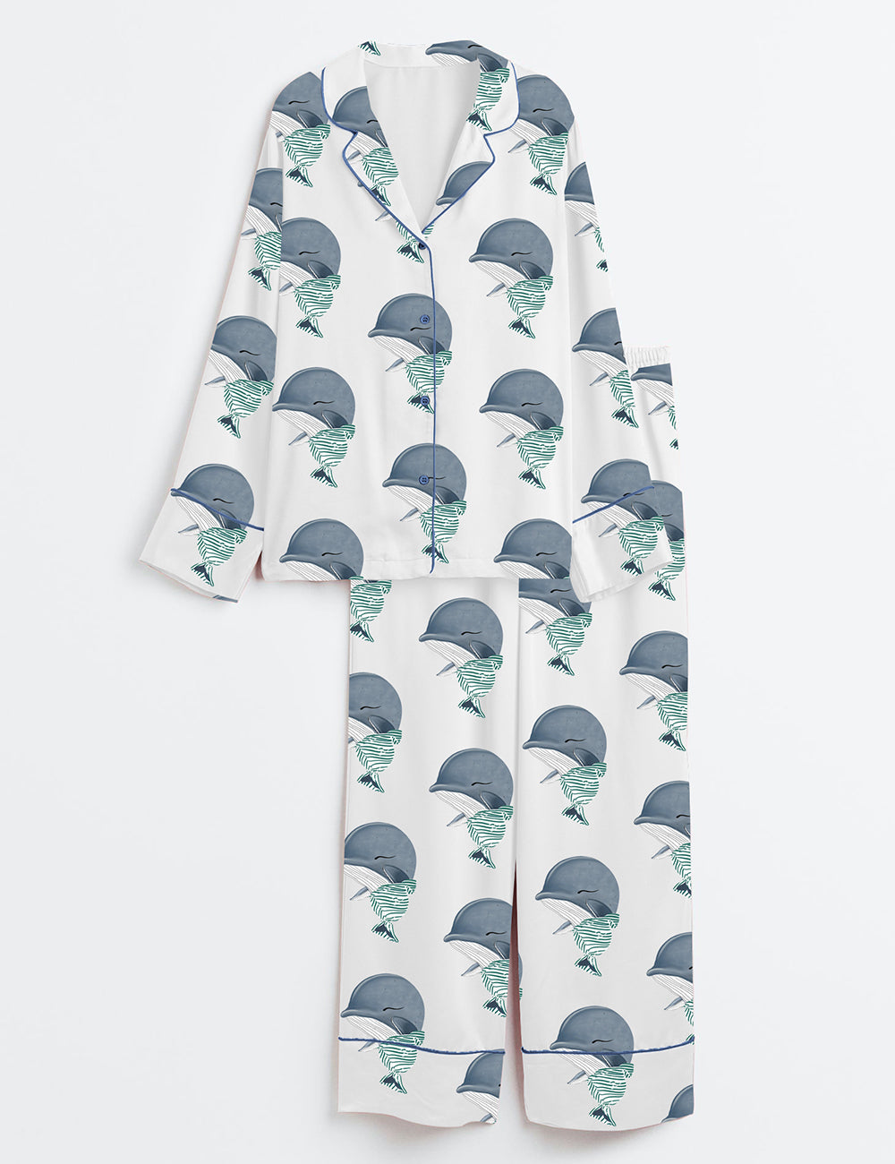 Women’s Cute Nautical Animal Baby Whale Maritime Sea Ocean Whale Long Sleeve Satin Pajama Set