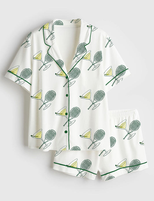 Women’s Tennis And Tinis Sports Martini Short Sleeve Satin Pajama Set