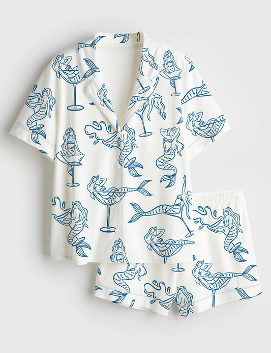 Women’s Hand Drawn Mairmaid In Martini Girl In Martini Glass For Bachelorette Whimsical Style Print Short Sleeve Satin Pajama Set