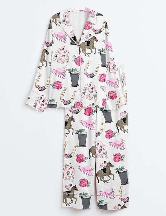 Women’s Kentucky Derby Vibes Run For The Roses Horse Racing Western Pink Long Sleeve Satin Pajama Set