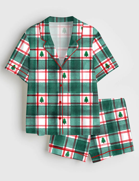 Women’s Green Gingham Christmas Tree Short Sleeve Satin Pajama Set