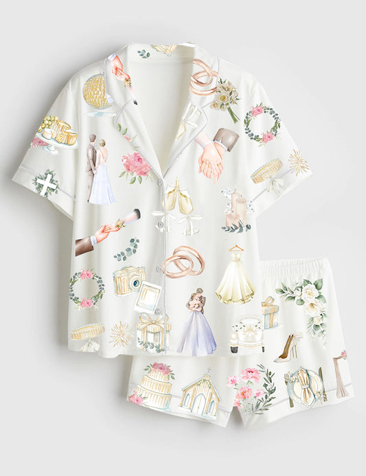 Women’s Wedding Timeline Watercolor Wedding Bride Groom Floral Elements Summer Marriage Print Short Sleeve Satin Pajama Set