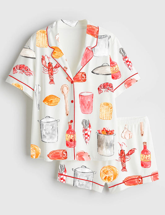 Women’s Crawfish Boil Watercolor Summer Seafood Print Short Sleeve Satin Pajama Set