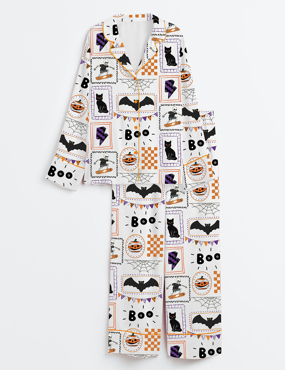 Women’s Skeleton Halloween Pumpkin Halloween Bat Ghost Boo Cat Print Long Sleeve Satin Pajama Set