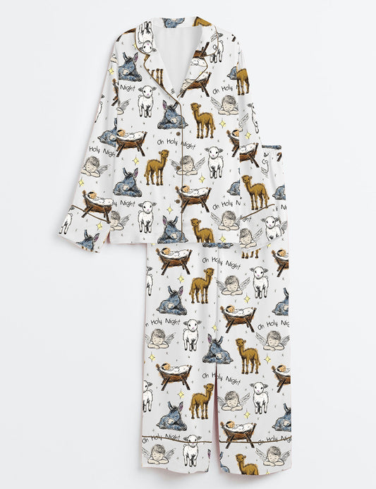 Women’s Baby Jesus In Manger With Baby Animals Christmas Long Sleeve Satin Pajama Set