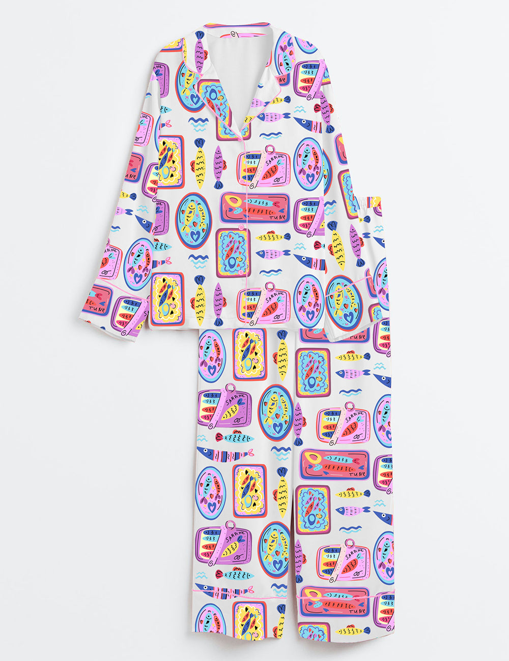 Women’s Summer Sardines Swim Safe Summer Fish Ocean Theme Aesthetic Summer Print Long Sleeve Satin Pajama Set