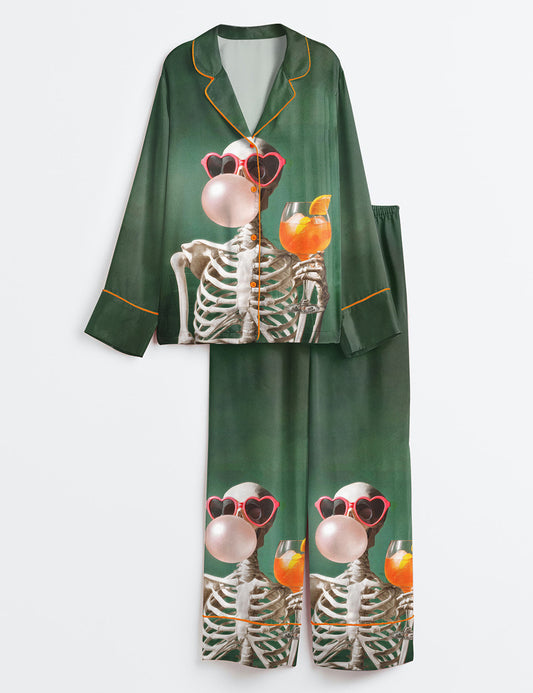 Women’s Summerween Skeleton Spooky Cocktail Halloween Long Sleeve Satin Pajama Set
