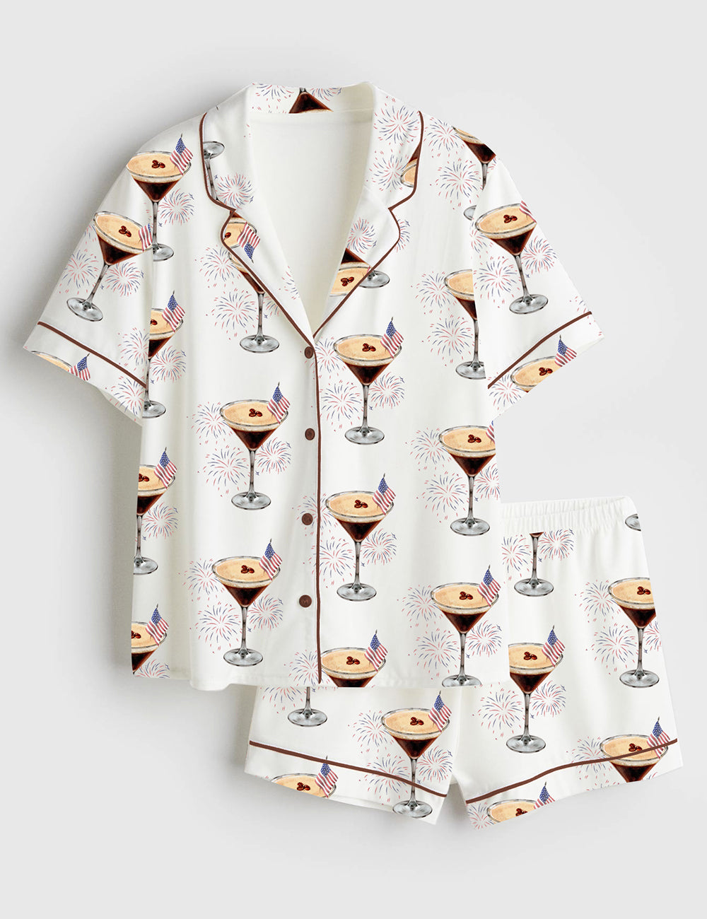 Women’s 4th Of July Espresso Martini Retro Fireworks Short Sleeve Satin Pajama Set