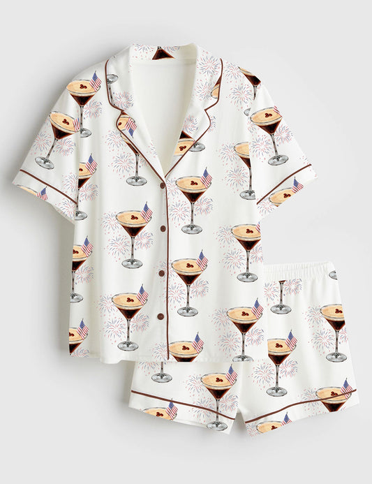 Women’s 4th Of July Espresso Martini Retro Fireworks Short Sleeve Satin Pajama Set