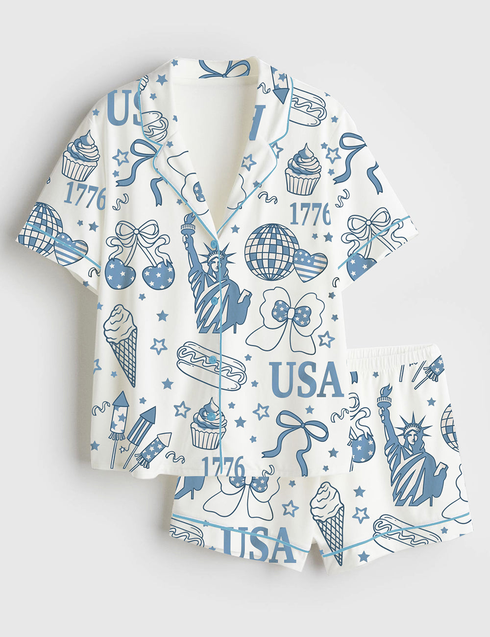 Women’s Retro America Coquette Preppy 4th Of July Girly Memorial Day Print Short Sleeve Satin Pajama Set