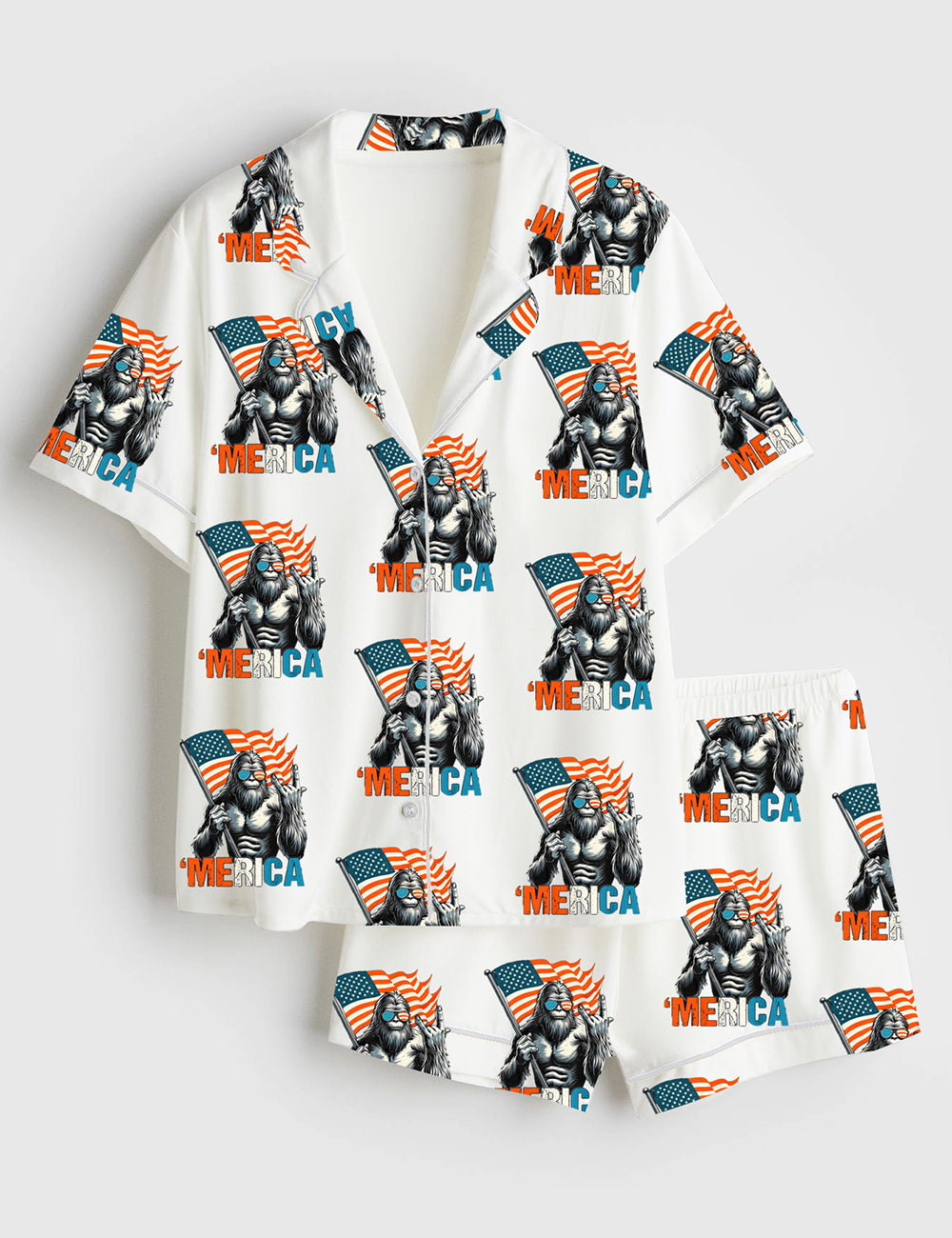 Women’s Bigfoot Merica 4th Of July Rock American Flag Patriotic Independence Day Short Sleeve Satin Pajama Set