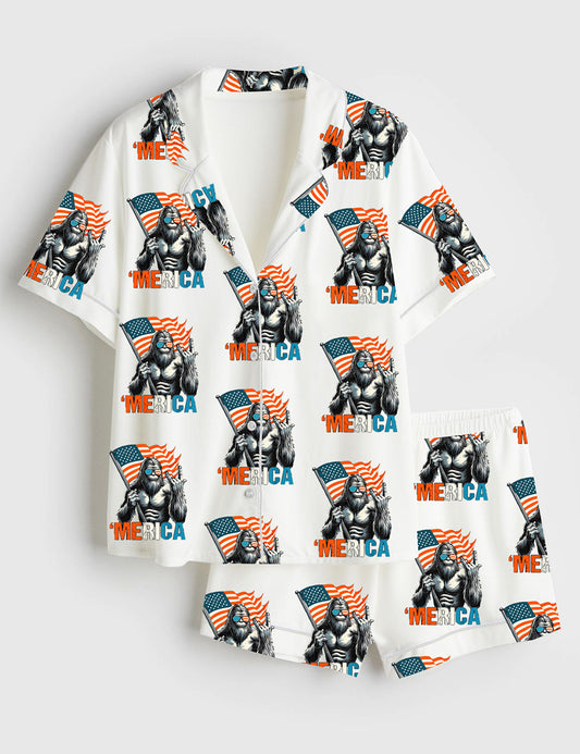 Women’s Bigfoot Merica 4th Of July Rock American Flag Patriotic Independence Day Short Sleeve Satin Pajama Set