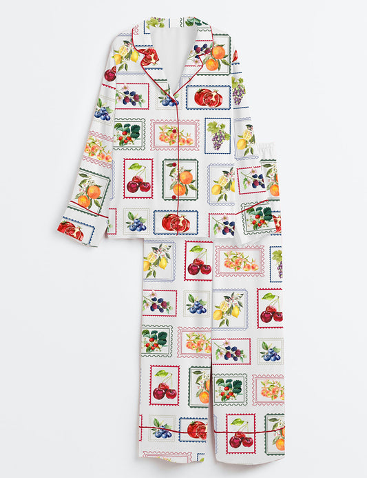 Women’s Summer Fruit Farmer's Market Cottage Core Gardening Long Sleeve Satin Pajama Set
