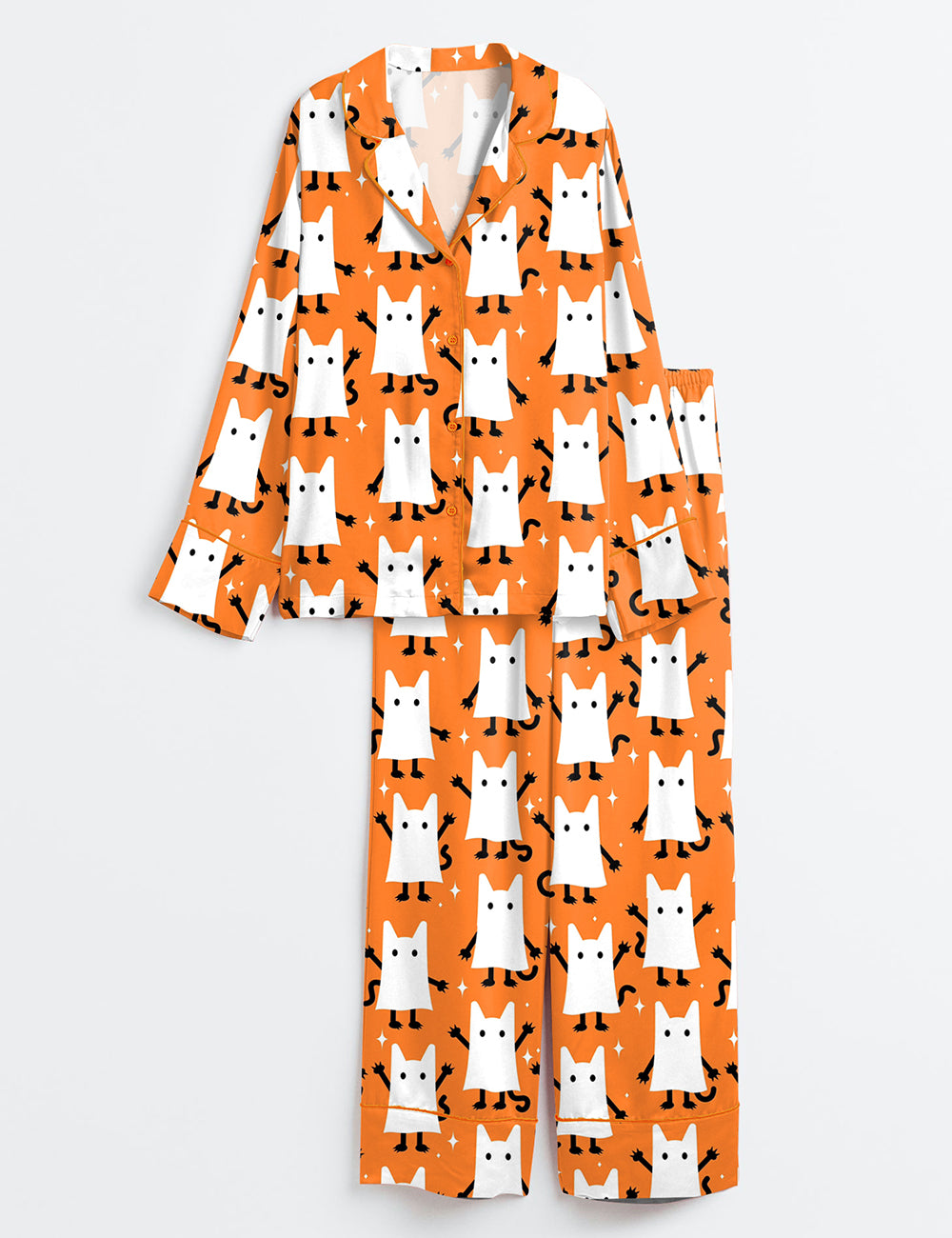Women’s Halloween Ghost Kittens Cat Long Sleeve Satin Pajama Set