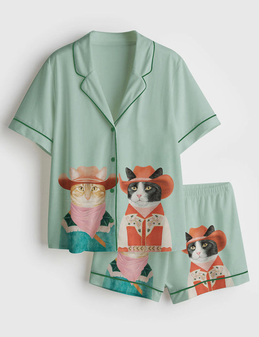 Women’s Western Cowboy Cats Cat Couple Short Sleeve Satin Pajama Set