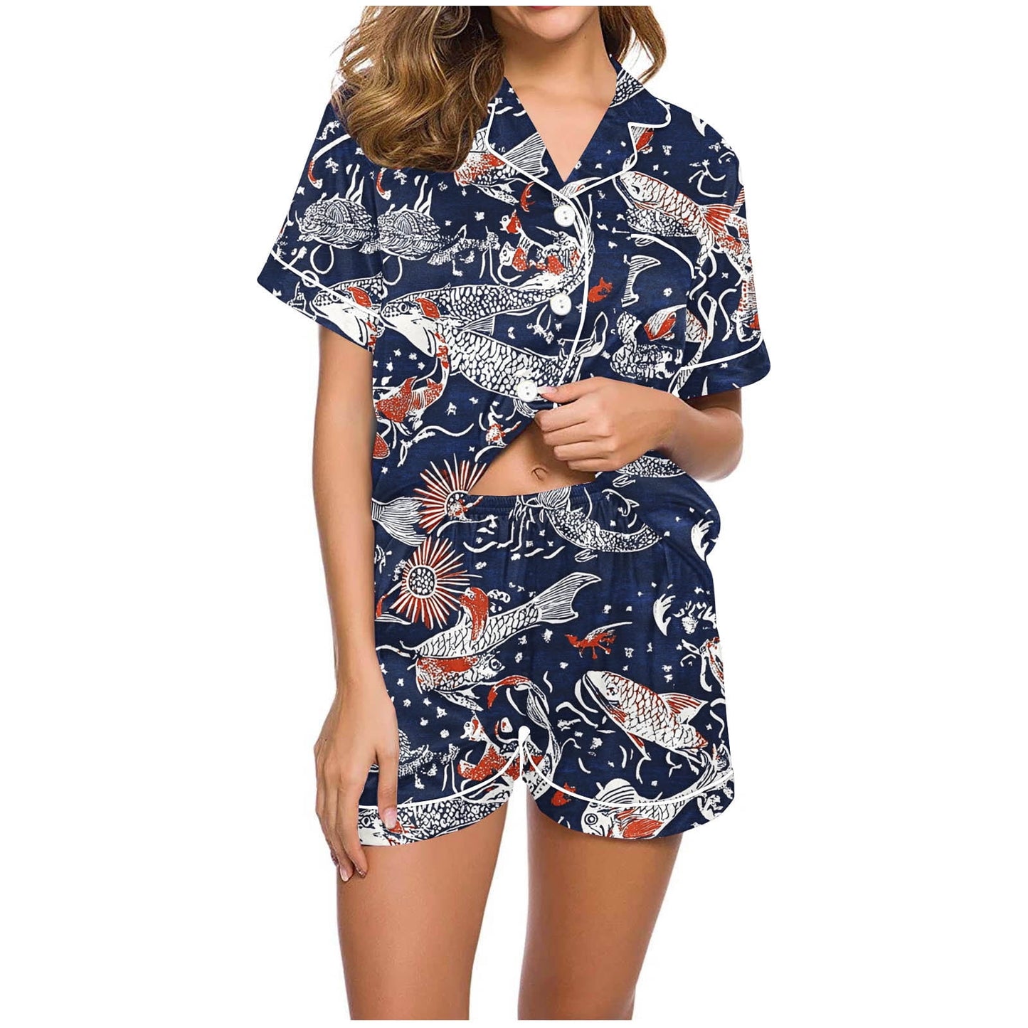 Simua Button Dowm Pajamas for Women, Women's Fashionable Print Short Sleeved Lapel Shirts with Shorts Summer Soft Home Wear Set, Size S-XXL