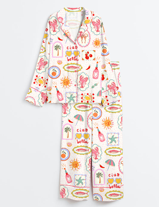 Women’s Summer In Italy Ciao Bella Long Sleeve Satin Pajama Set
