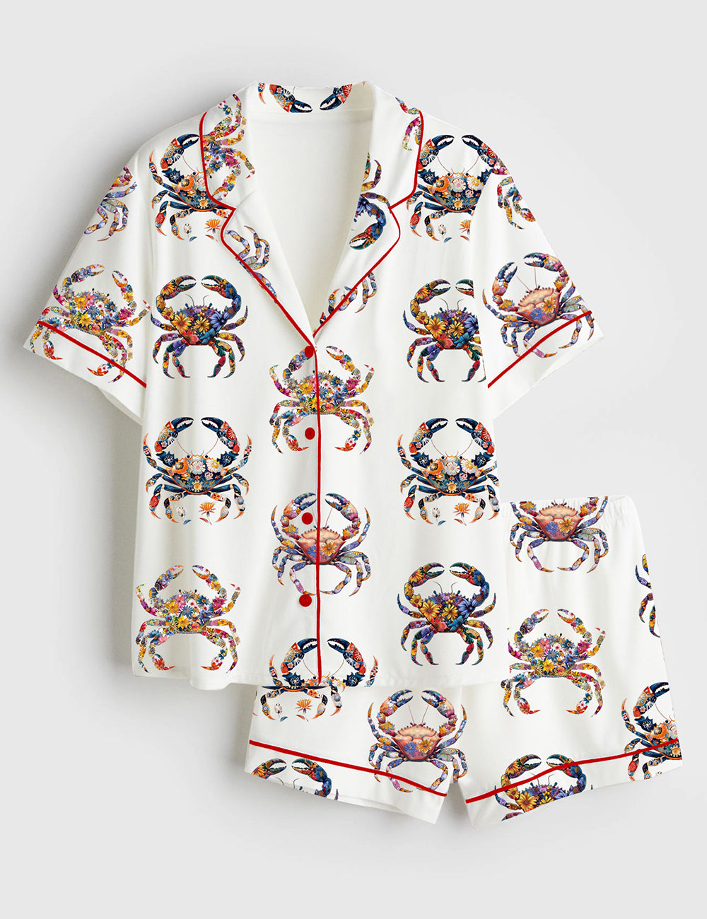 Women’s Crab With Floral Boho Floral Crab Sea Life Coastal Summer Beach Print Short Sleeve Satin Pajama Set