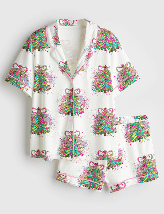Women’s Colorful Coquette Christmas Tree Holly Jolly Pink Christmas Short Sleeve Satin Pajama Set
