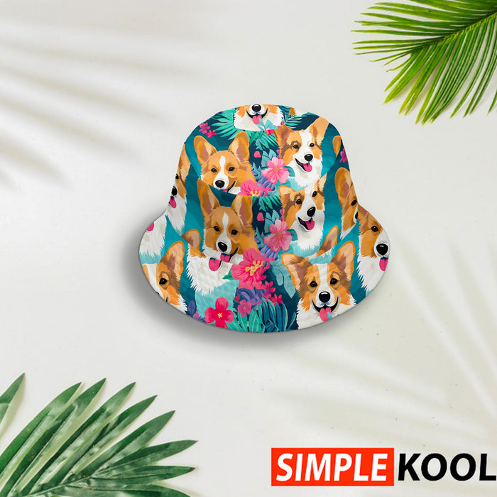 Corgi Hawaiian Bucket Hat - Cool and Cute, Perfect for Vacation