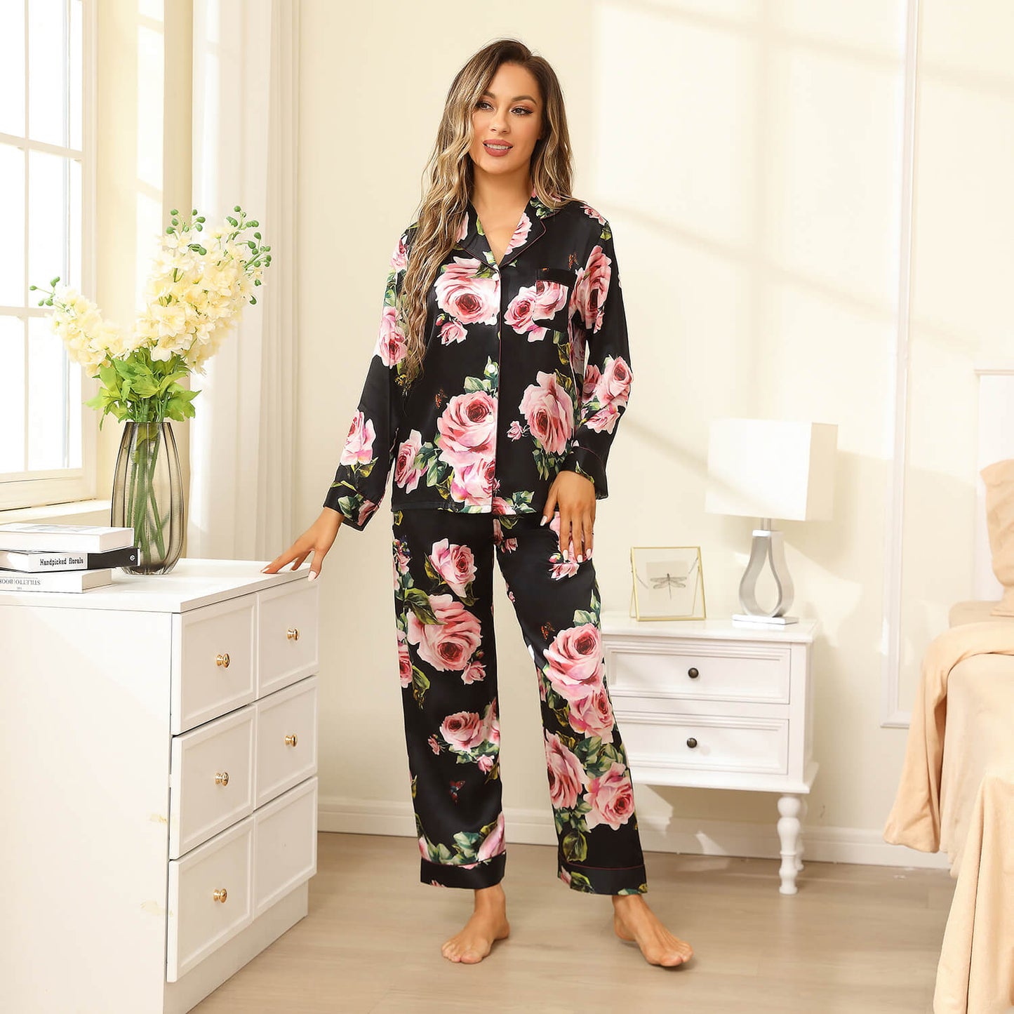 Floral Silk Pajama Set For Women Printed pure Silk nightwear