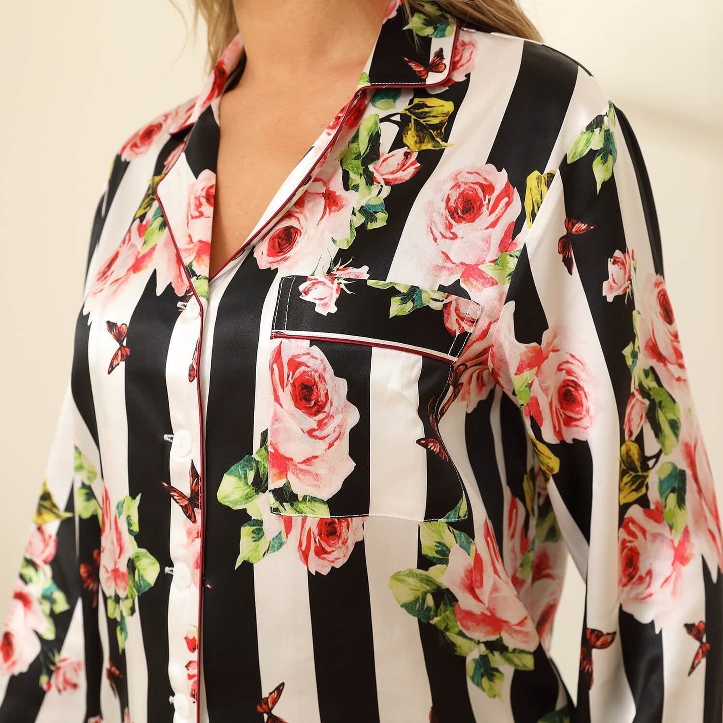 Women Flower Printed Silk Pajamas 100% Floral Silk Sleepwear