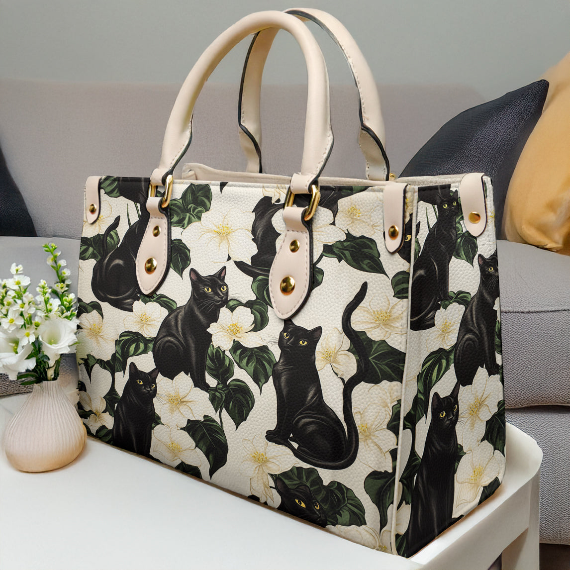 Black Cat Leather Bag Gorgeous Plumeria