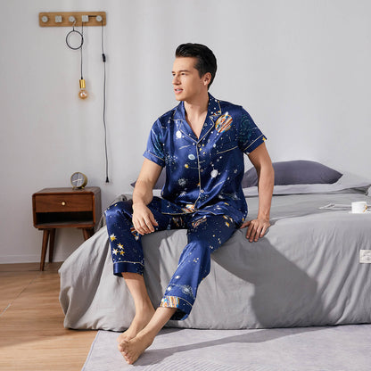 Mens Navy Blue Silk Pajama Set Galaxy Print Mens Silk Pajamas