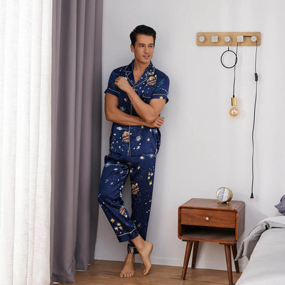 Mens Navy Blue Silk Pajama Set Galaxy Print Mens Silk Pajamas