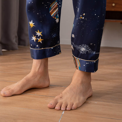 Mens Navy Blue Silk Pajama Set Galaxy Print Mens Silk Pajamas