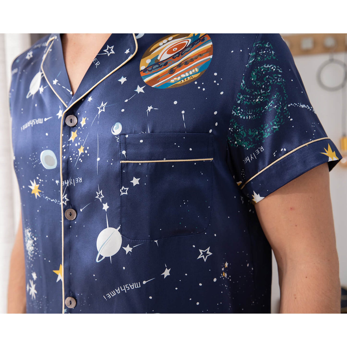 Mens Navy Blue Silk Pajama Set Galaxy Print Mens Silk Pajamas
