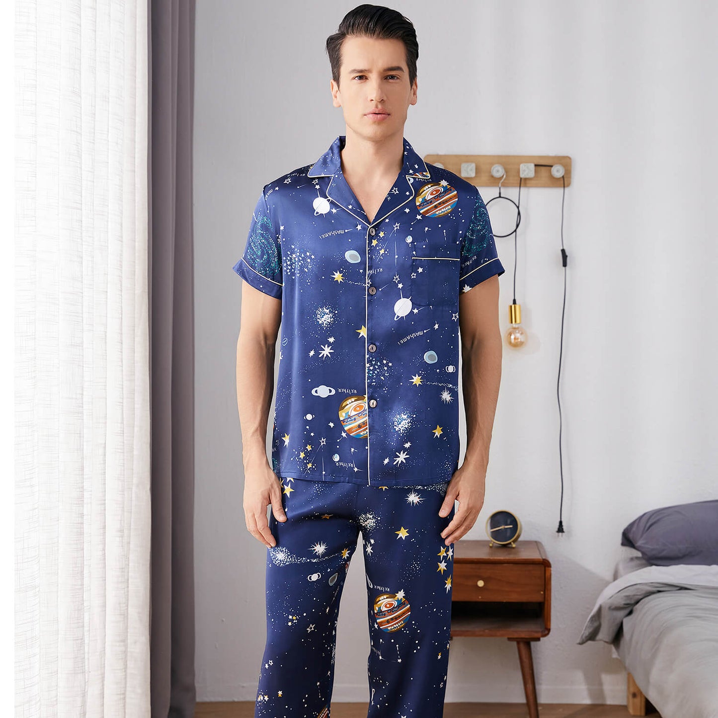 Mens Navy Blue Silk Pajama Set Galaxy Print Mens Silk Pajamas