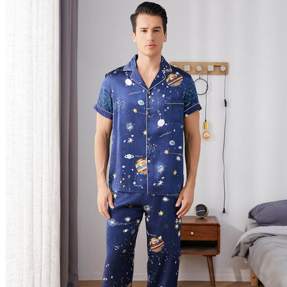 Mens Navy Blue Silk Pajama Set Galaxy Print Mens Silk Pajamas