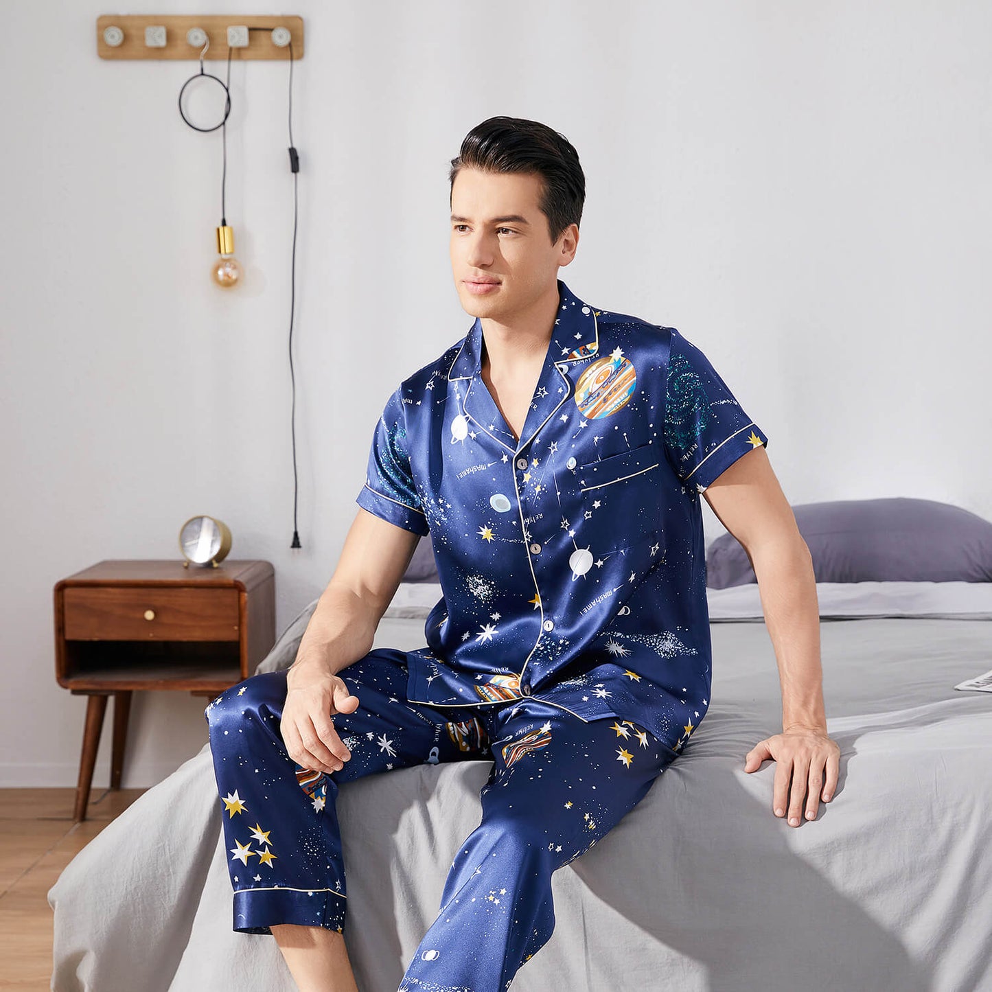 Mens Navy Blue Silk Pajama Set Galaxy Print Mens Silk Pajamas