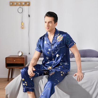 Mens Navy Blue Silk Pajama Set Galaxy Print Mens Silk Pajamas