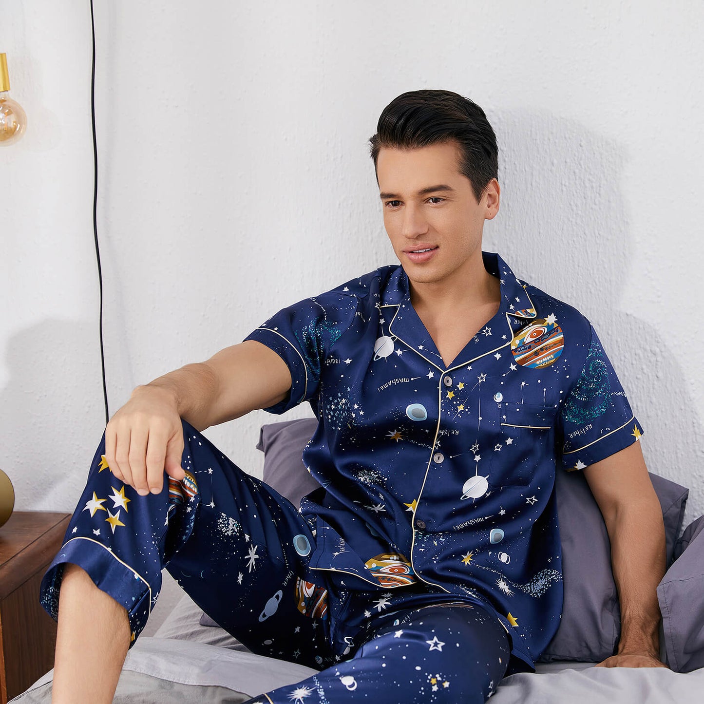 Mens Navy Blue Silk Pajama Set Galaxy Print Mens Silk Pajamas
