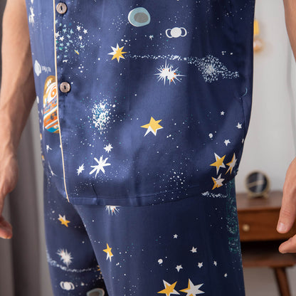 Mens Navy Blue Silk Pajama Set Galaxy Print Mens Silk Pajamas