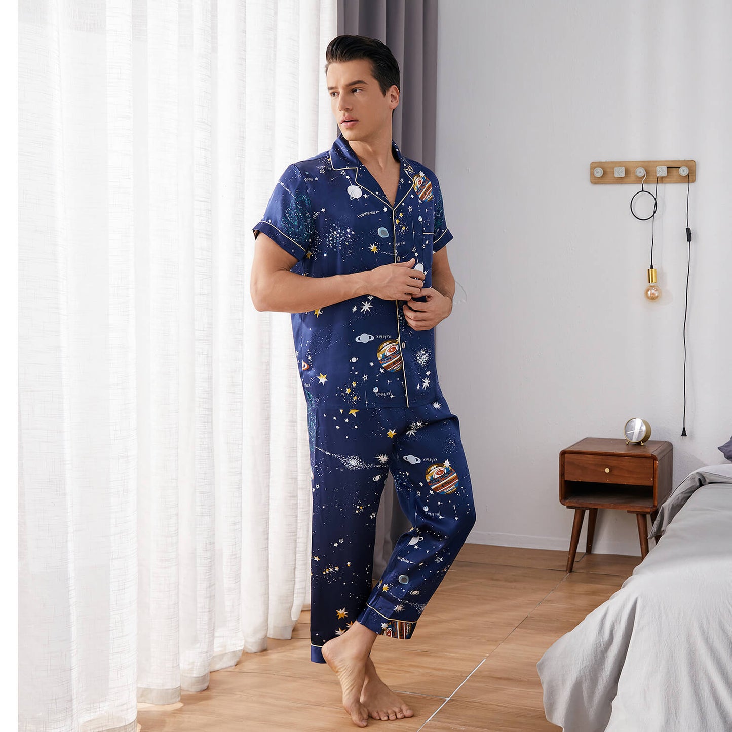 Mens Navy Blue Silk Pajama Set Galaxy Print Mens Silk Pajamas
