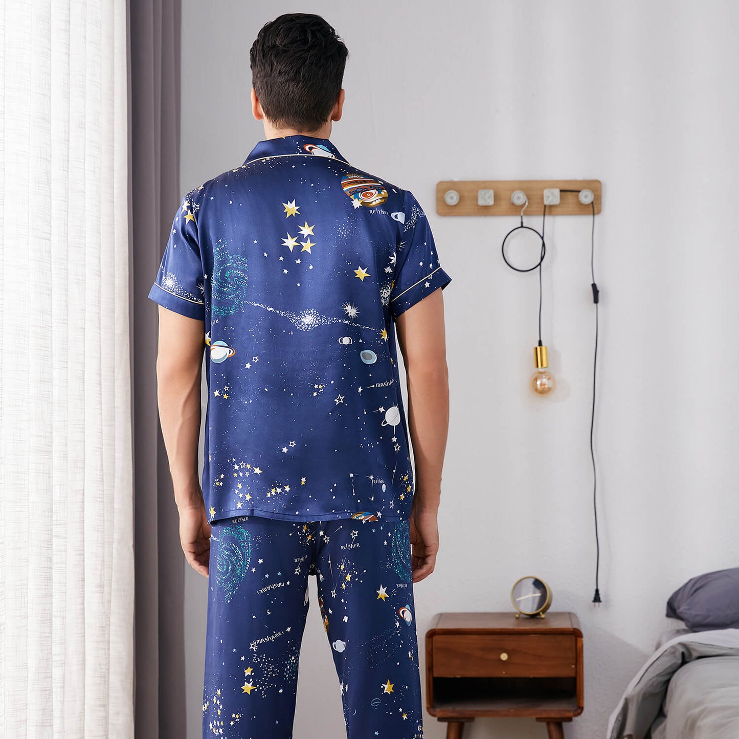 Mens Navy Blue Silk Pajama Set Galaxy Print Mens Silk Pajamas