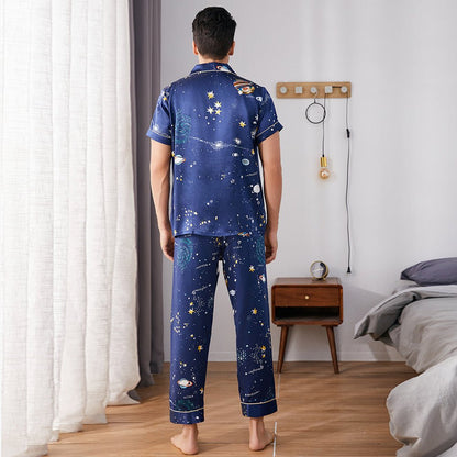 Mens Navy Blue Silk Pajama Set Galaxy Print Mens Silk Pajamas