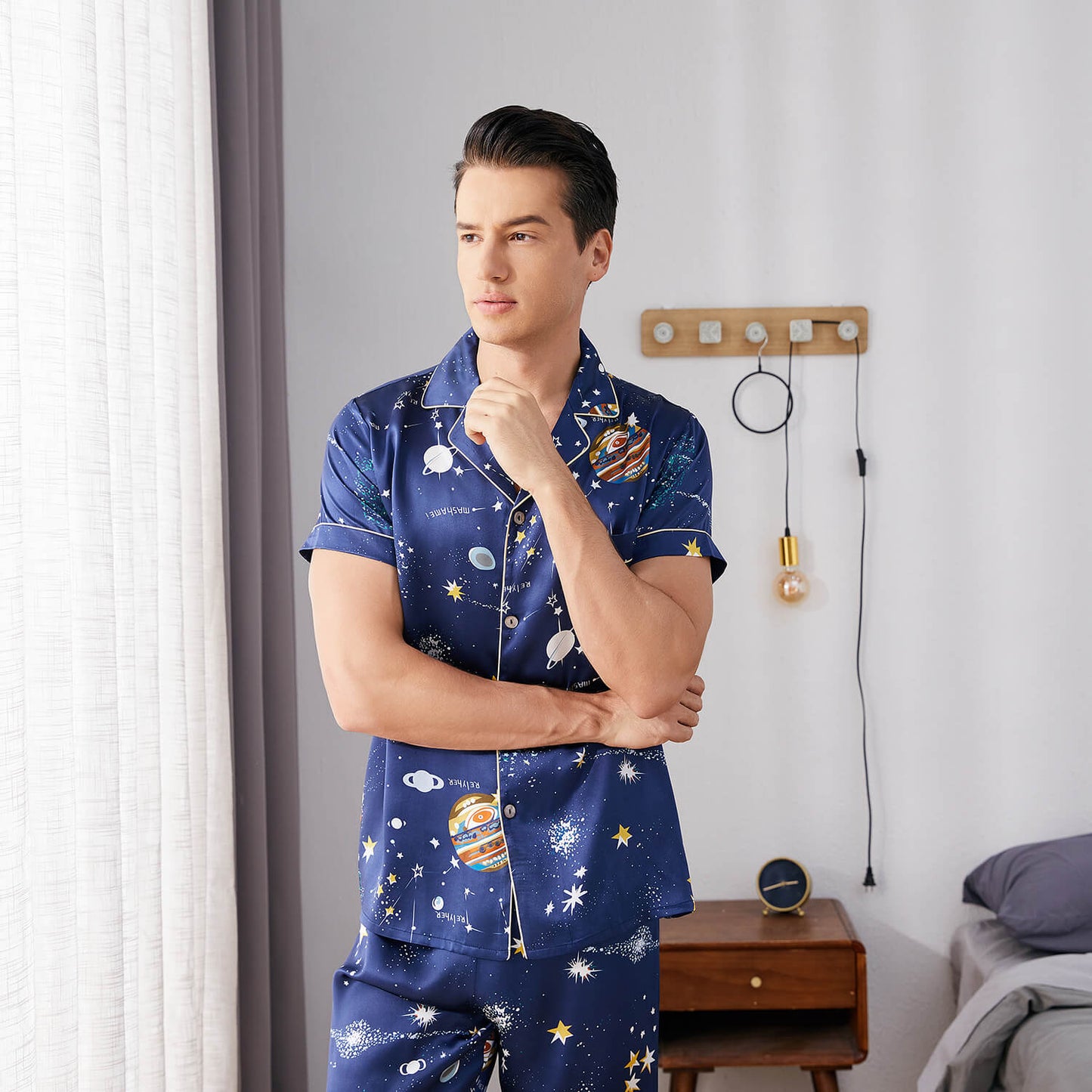 Mens Navy Blue Silk Pajama Set Galaxy Print Mens Silk Pajamas