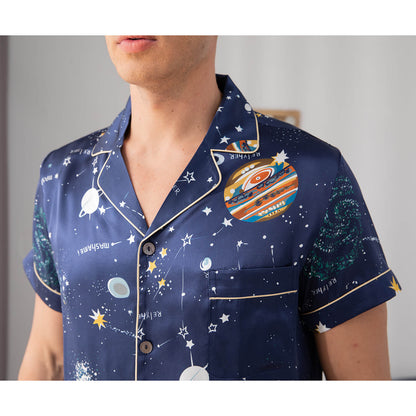 Mens Navy Blue Silk Pajama Set Galaxy Print Mens Silk Pajamas