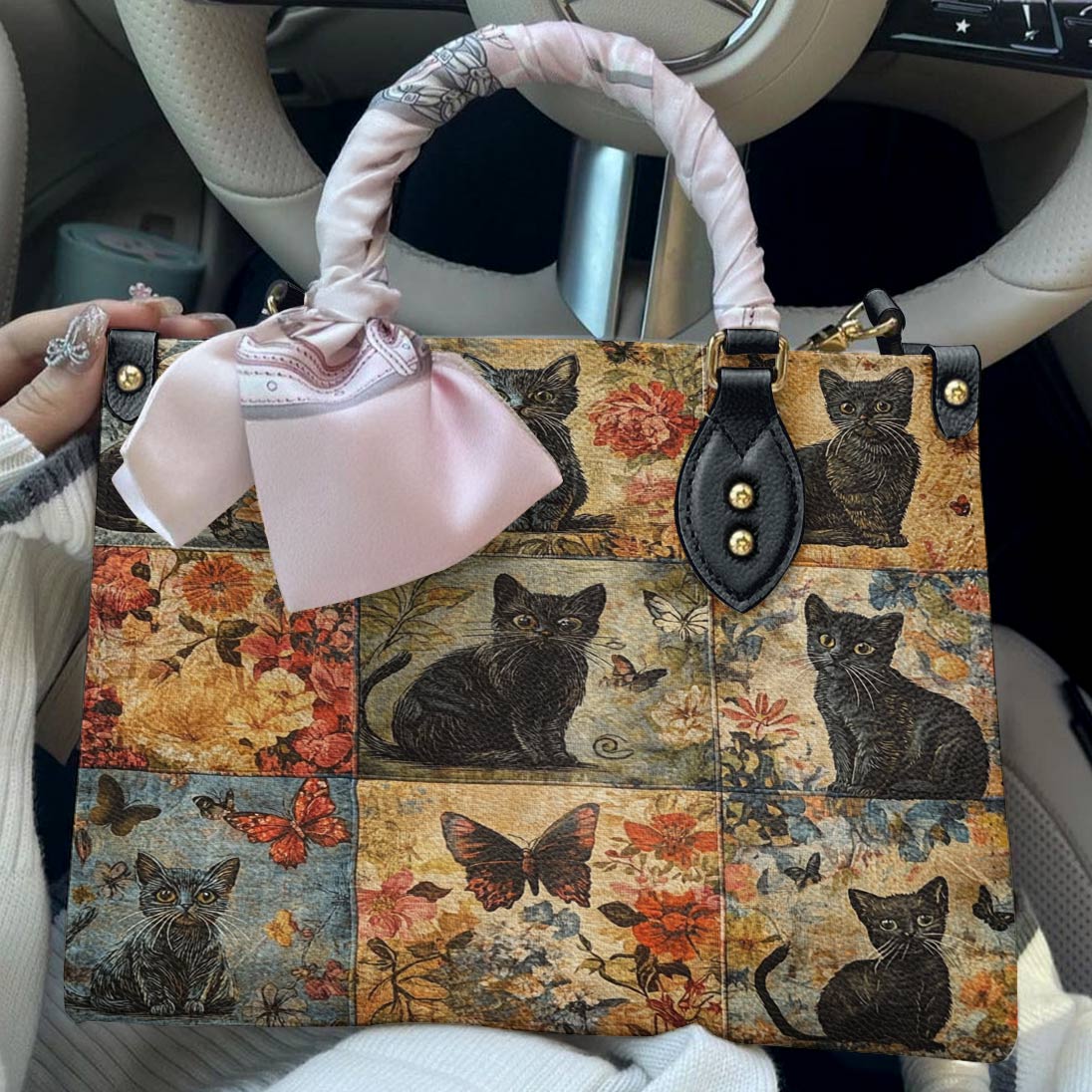Leather Bag Mystic Floral Black Cat