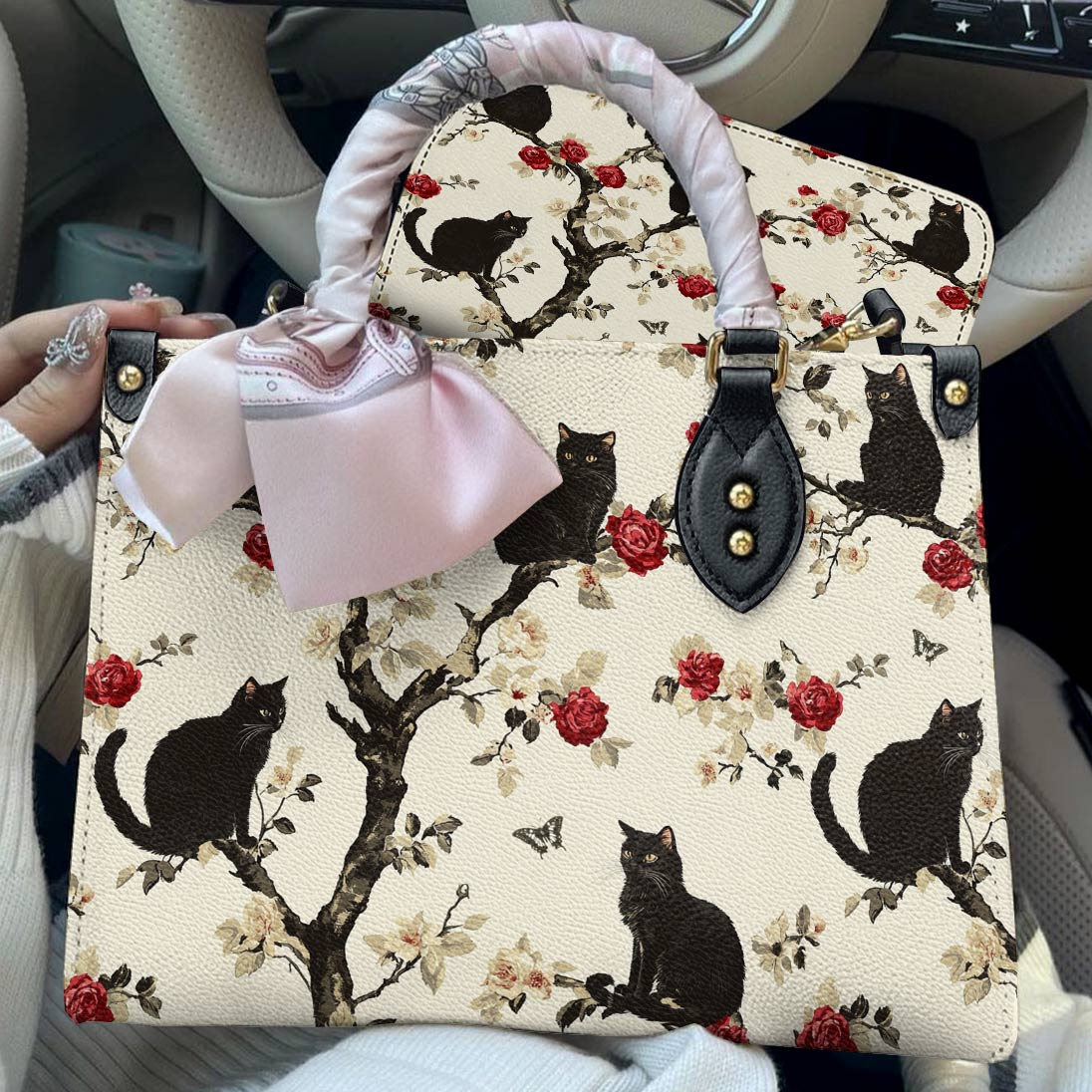 Black Cat Leather Bag Roses Love