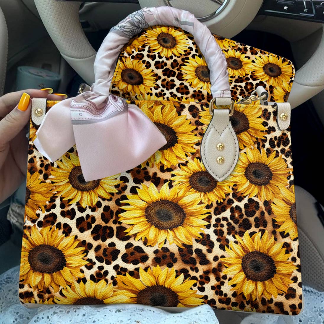 Leather Bag Leopard Sunflowers