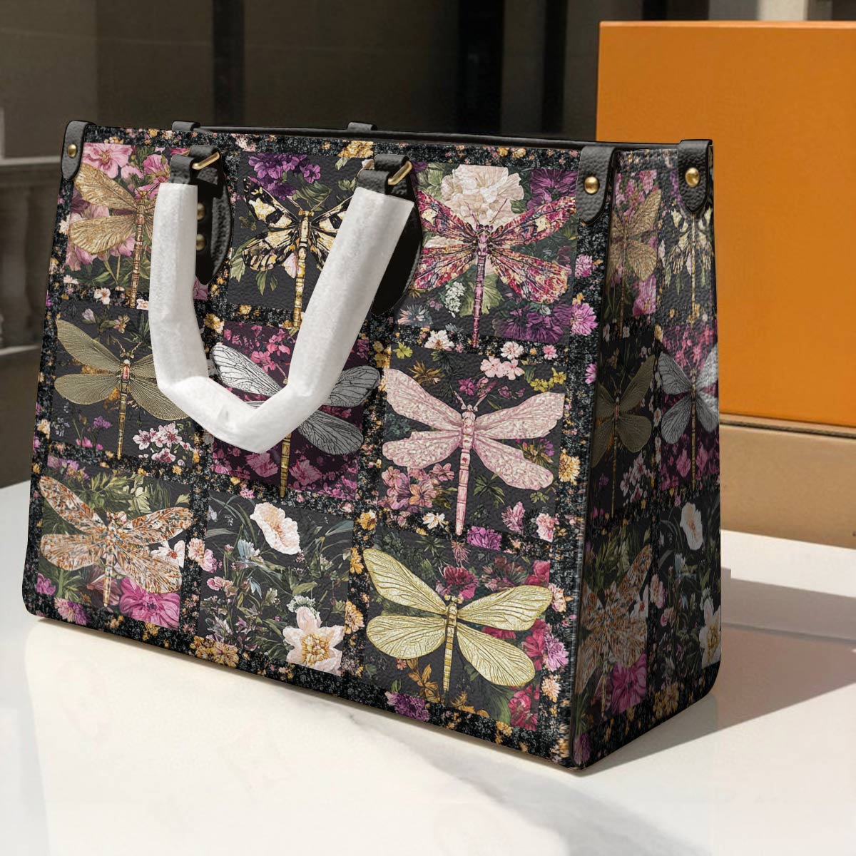 Leather Bag Charming Flowers Dragonflies