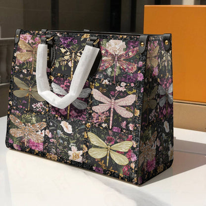 Leather Bag Charming Flowers Dragonflies