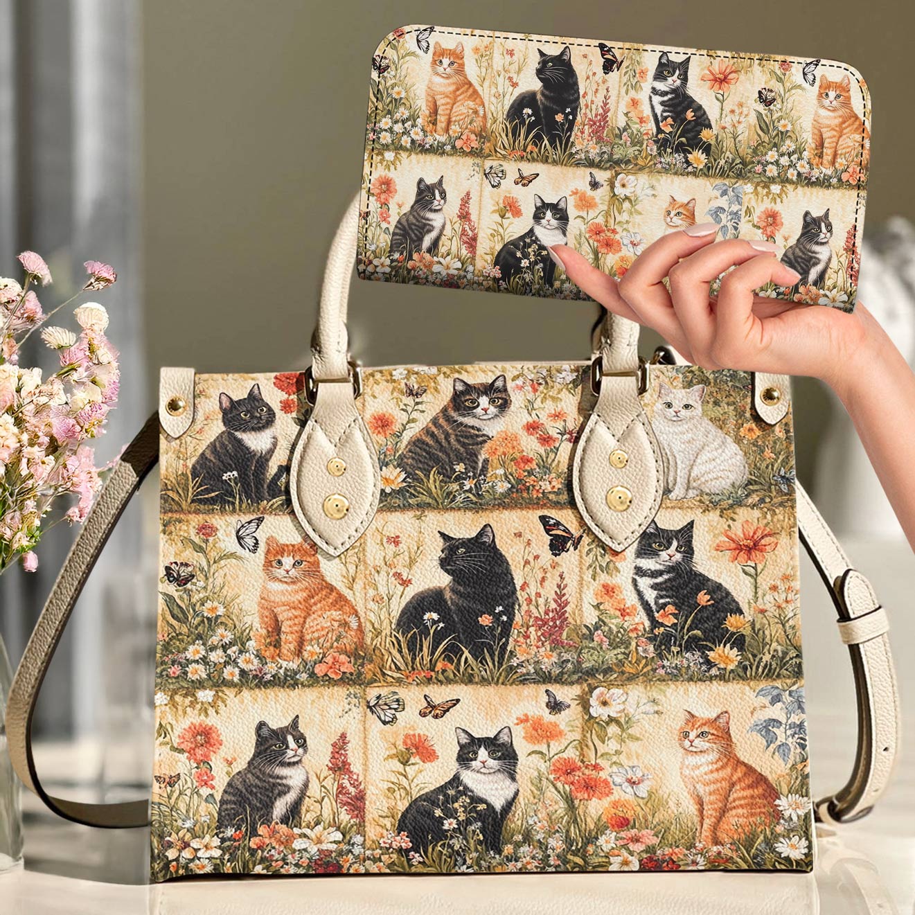 Leather Bag Vintage Cat Garden Lovely