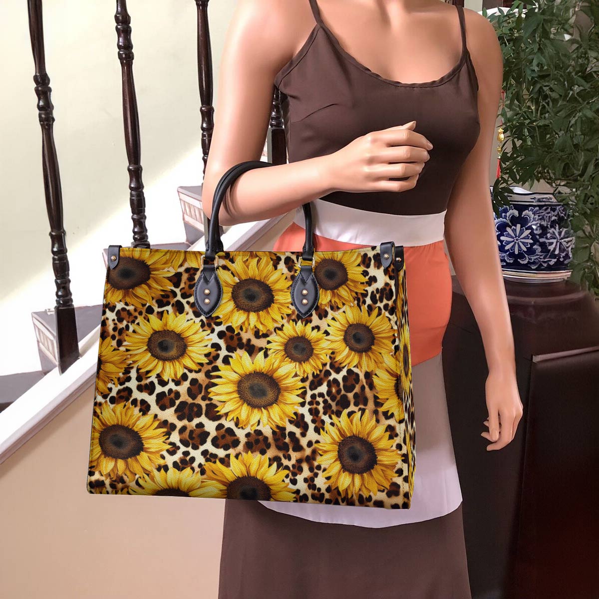 Leather Bag Leopard Sunflowers