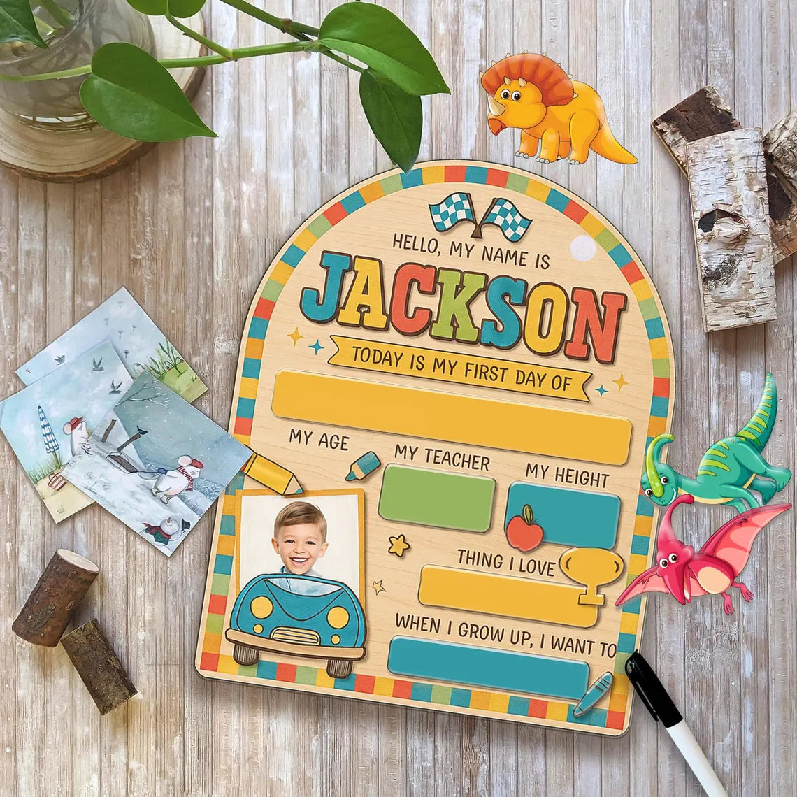 Personalized Photo First Day of School Sign for Kids, Custom Back to School Board, Name, Grade & Teacher Info, Classroom Photo Prop Gift